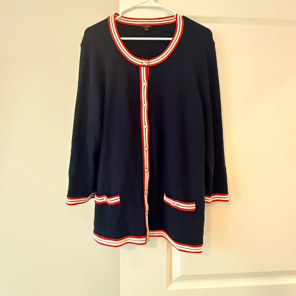 Talbots Navy Cardigan with Red and White Trim - Picture 6 of 8